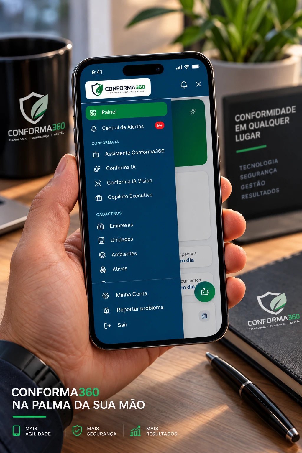 Conforma360 na palma da mão: aplicativo mobile com o menu do painel aberto, com acesso a alertas, assistente de IA, cadastros e conta